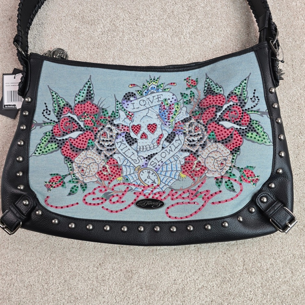 Ed Hardy Love Kills Slowly Rhinestone Denim Hobo Bag EHH276-42-DMB New - Picture 2 of 10